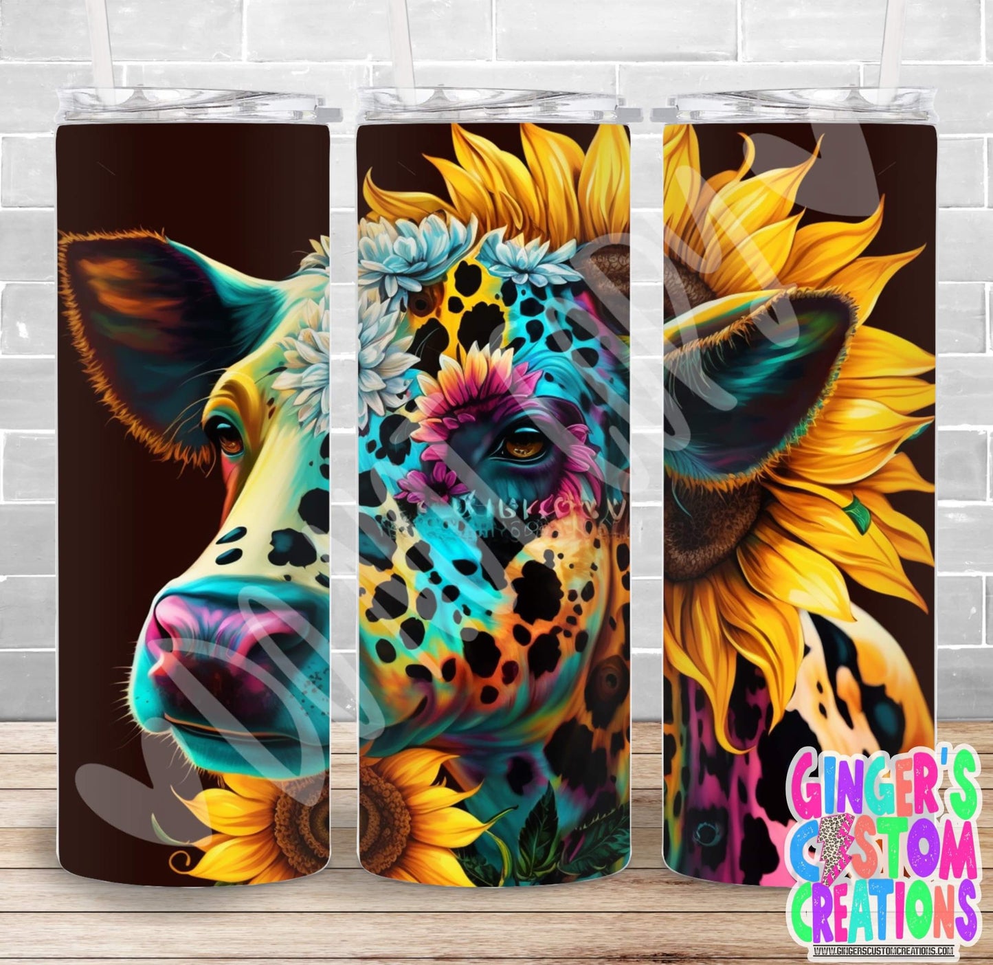 COLORFUL SUNFLOWER COW - PICK YOUR SIZE SKINNY Tumbler